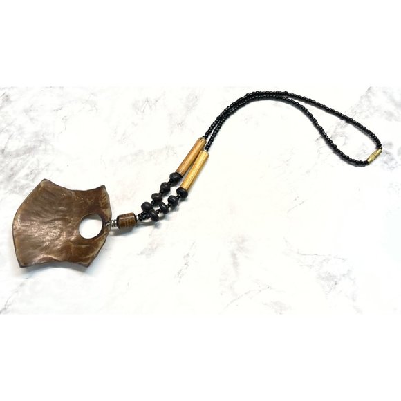 Vintage Wood Bead Necklace Tribal Boho Black Brown Pendant 16" - Picture 3 of 6
